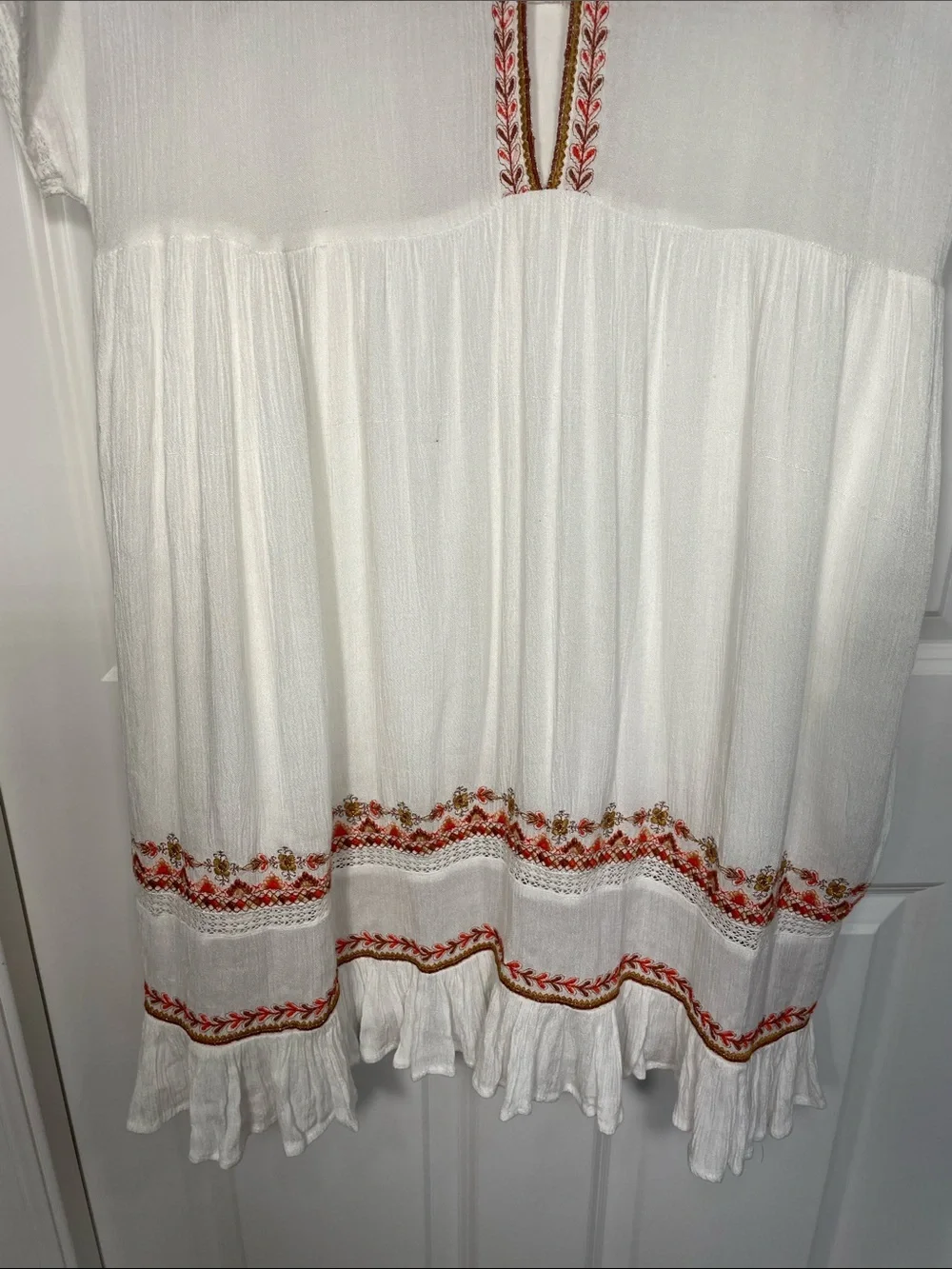 Free People Sunrise Wanderer Mini Dress Large Multi Embroidery Ruffle Crinkle